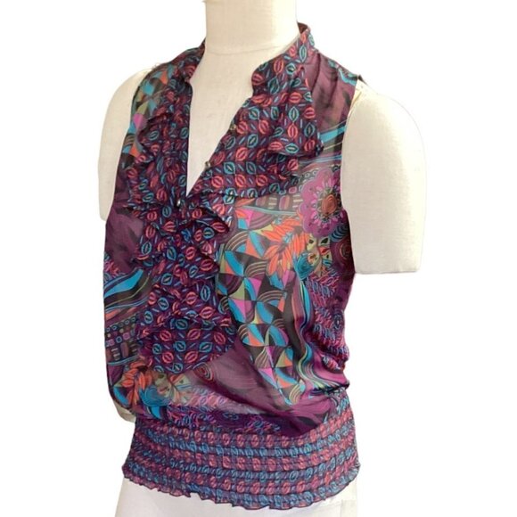 Bisou Bisou Sleeveless Sheer Ruffle V-Neck Smock Waist Top Sz S 70R - Picture 3 of 7